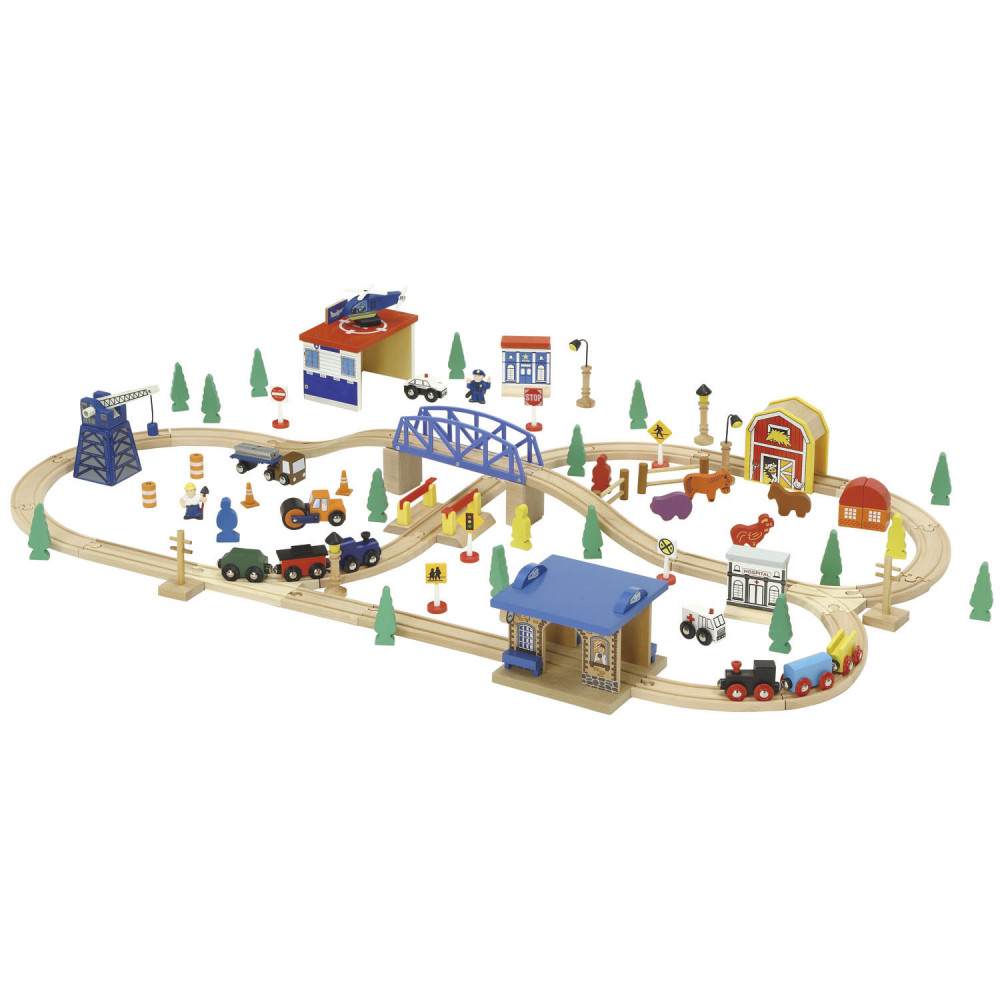 Houten Treinset met Blauwe Brug, 100dlg.