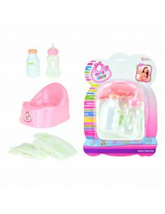 Pot met drinkfles en luier voor babypop