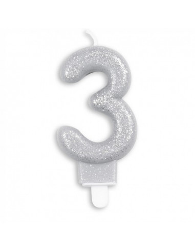 Nummer Kaars Glitter Zilver nr 3