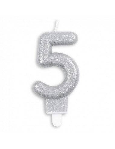Nummer Kaars Glitter Zilver nr 5