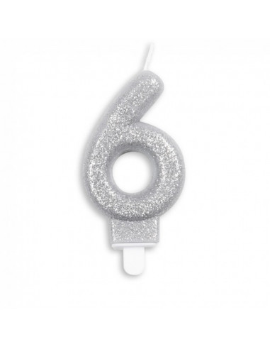 Nummer Kaars Glitter Zilver nr 6