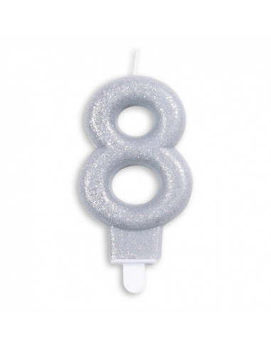 Nummer Kaars Glitter Zilver nr 8