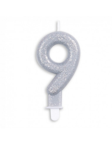 Nummer Kaars Glitter Zilver nr 9