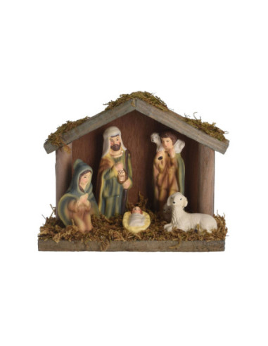 Houten Kerststal met 5 Figuren
